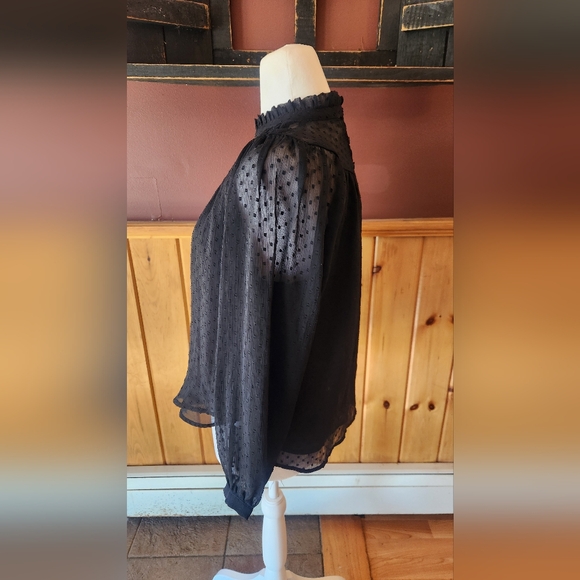 Ann Taylor Loft Clip Dot Shirred Ruffle Neck Blouse Black XS - Picture 4 of 10